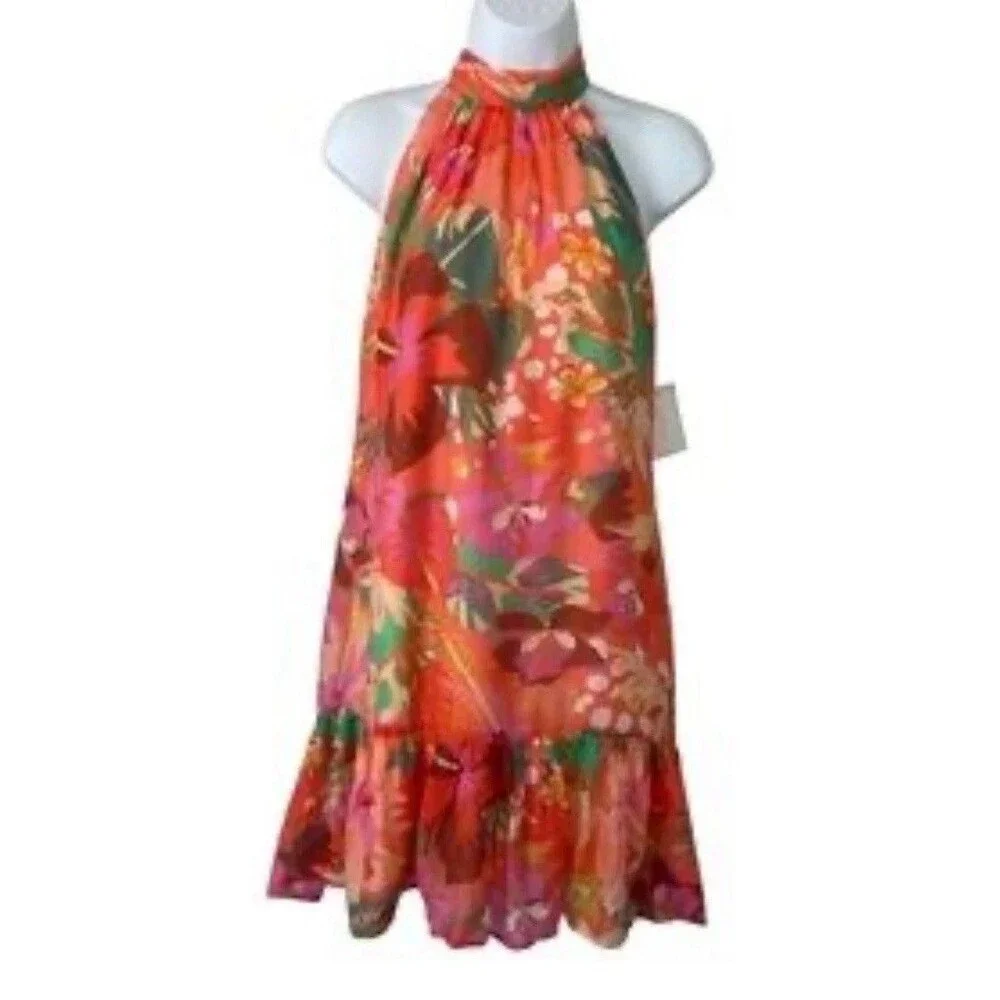 1. State Halter Neck Leaf Print Mini Dress Ruffle Hem Tropical XS - Picture 1 of 4